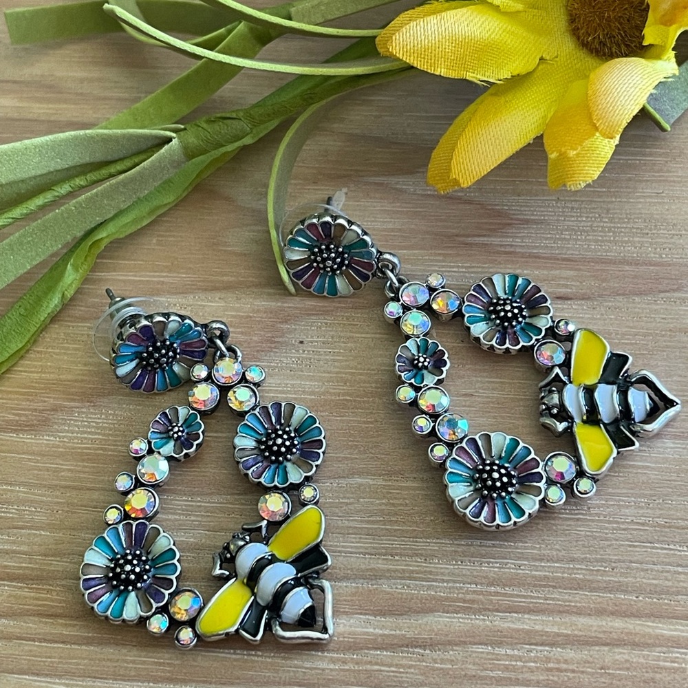 Bee and Floral Post Earrings, Sparling Rhinestones add to the charm! Multi color